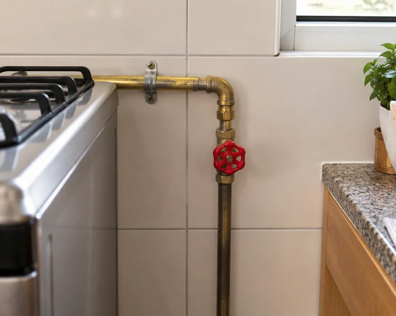 Tubulação e registro de gás em cozinha residencial
